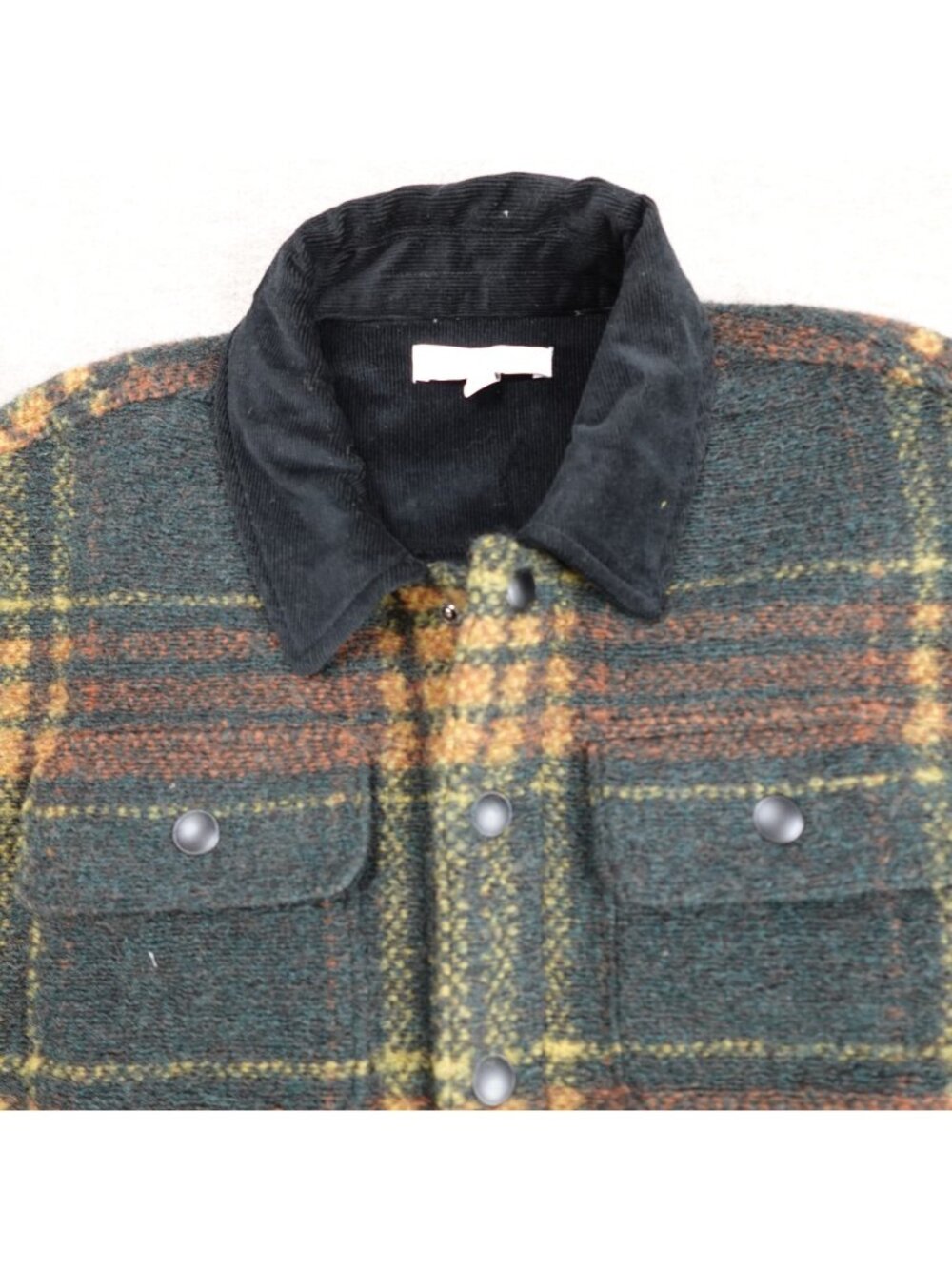 Banana Republic Mens Jacket Medium Green Plaid Snap Shirt Jac Wool Blend Trucker